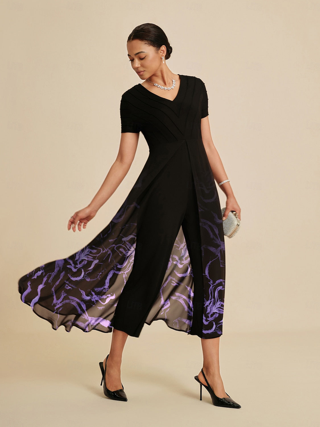 Paneled Design Faux Flowy Sheer Stretch Fabric Jumpsuit