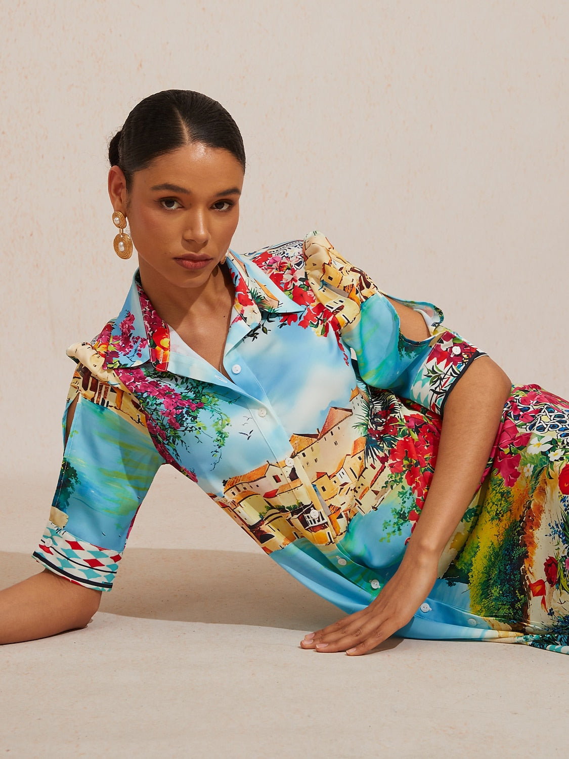 Vacation Scenic Floral Print Straight Satin Shirt Dress