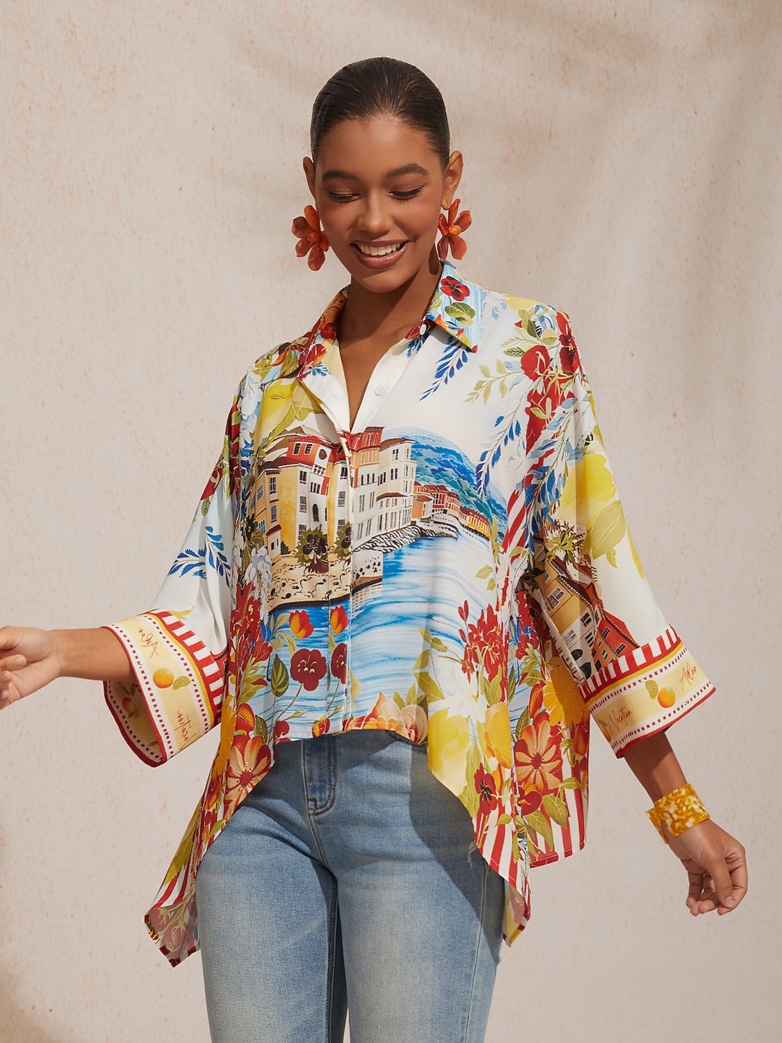 Vacation Scenic Floral Print Dolman Sleeve Chiffon Short Shirt