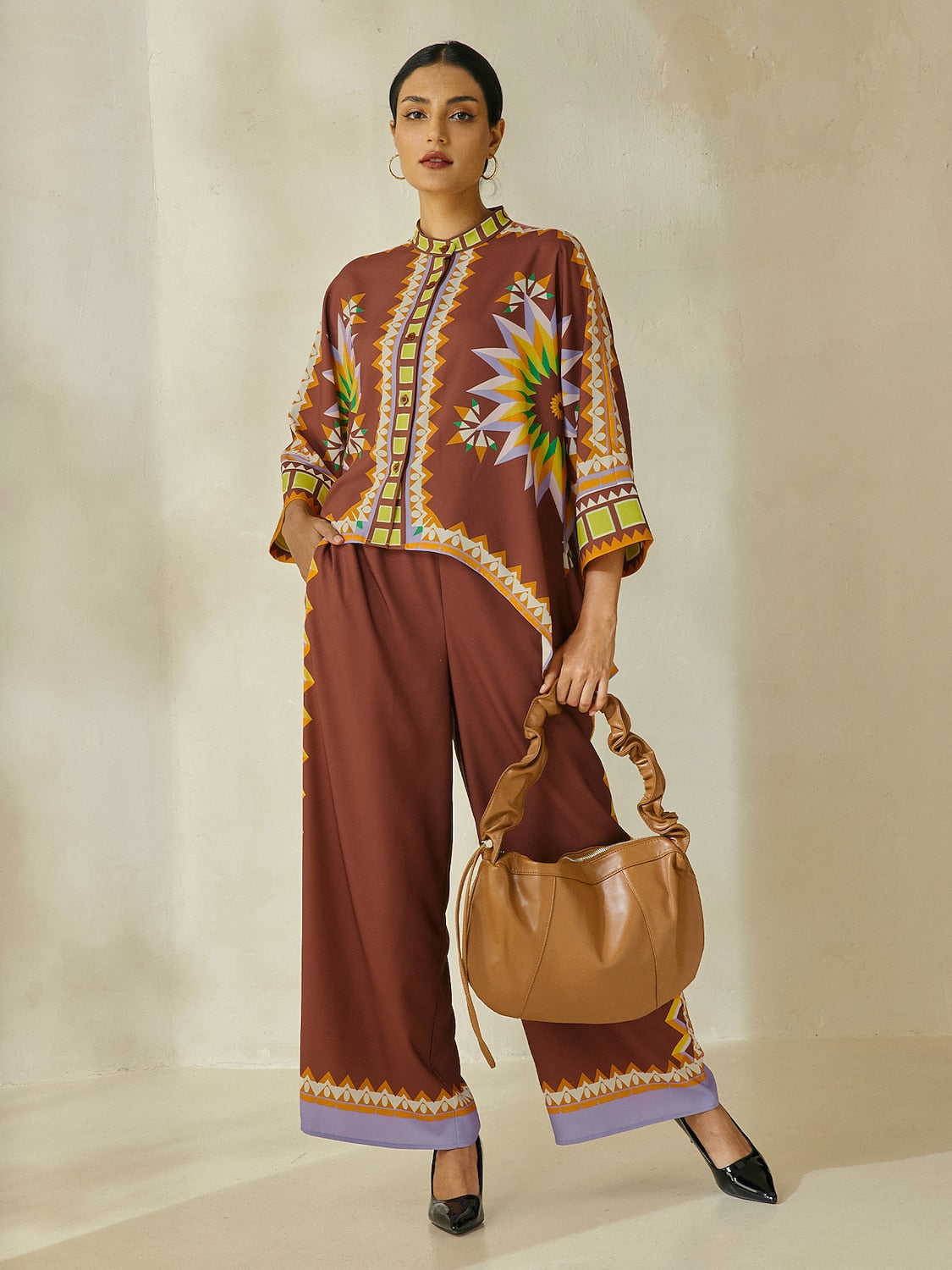 Shirt Brown Bohemian Geometric Graphic Satin Silk