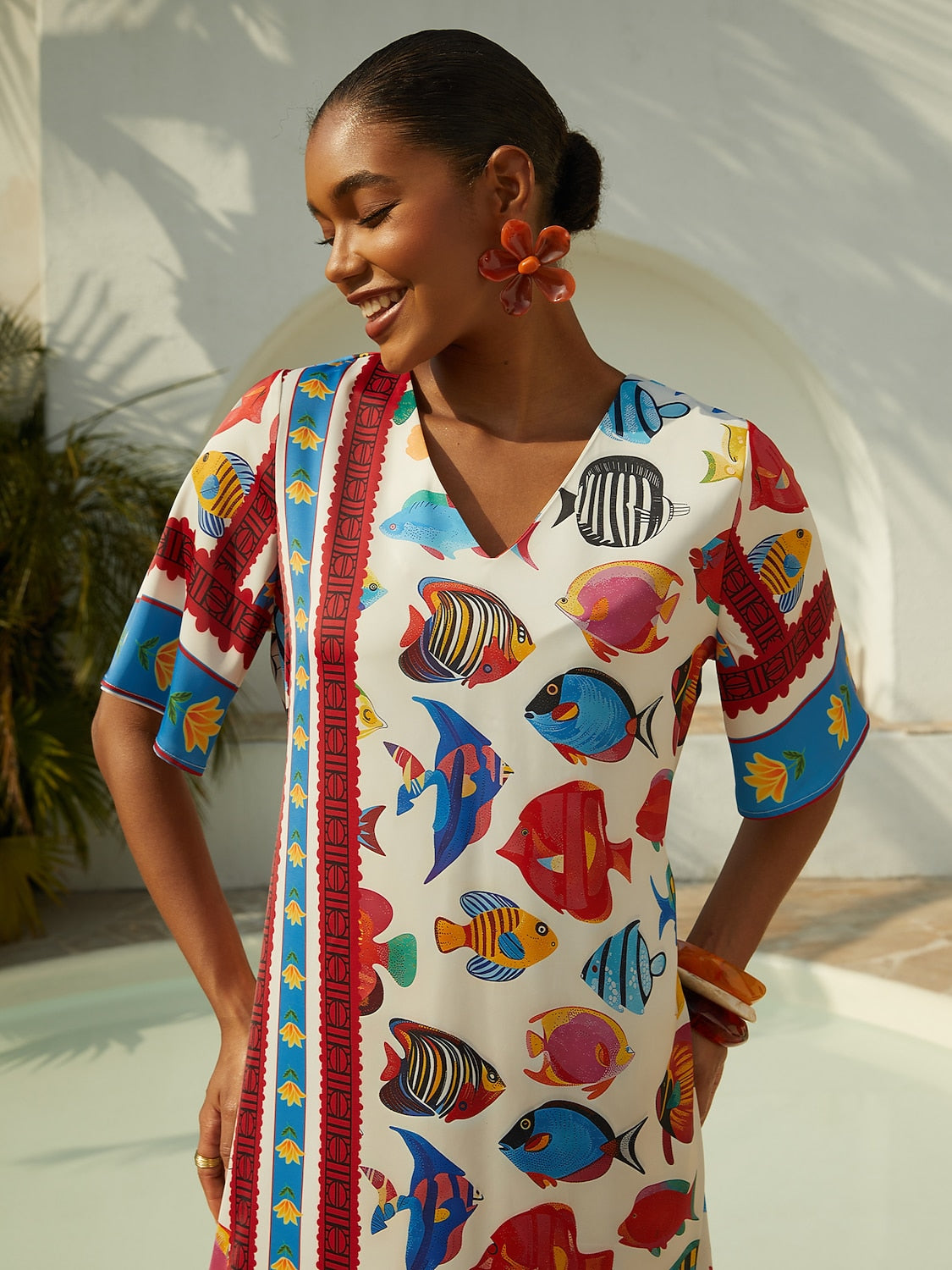 Vacation Ocean Elements Shirred Satin Mini Dress