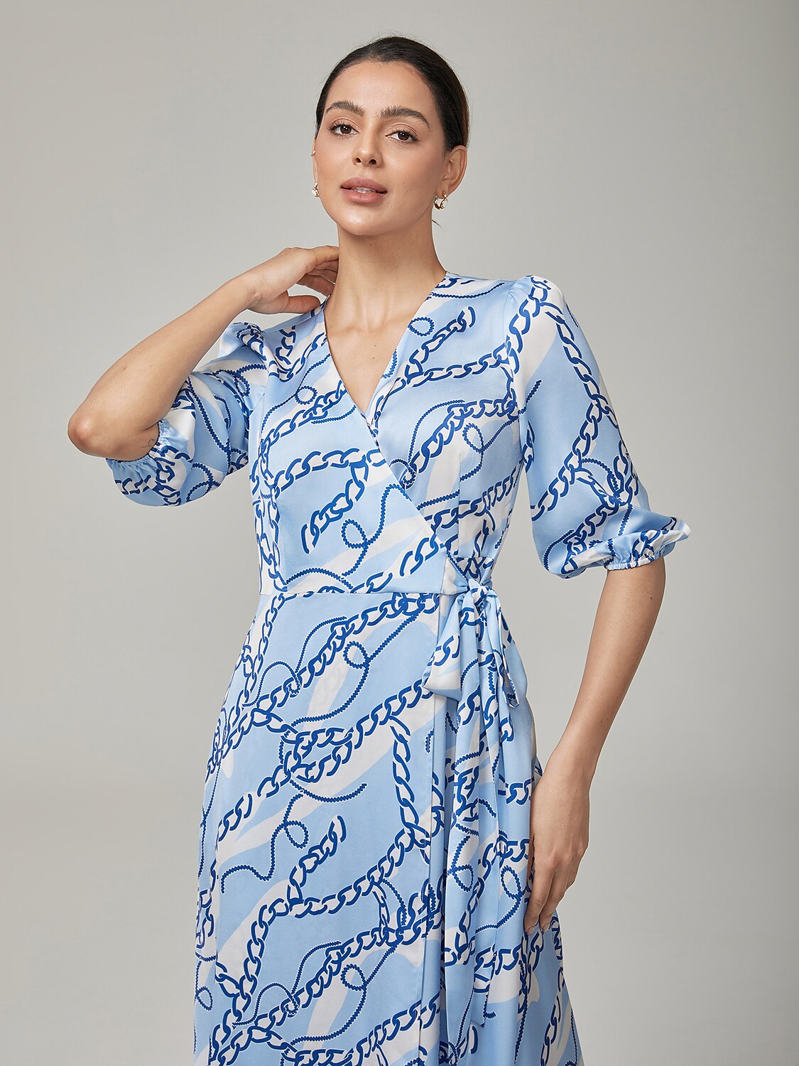 Chain Block Pattern Cross Tie Satin Maxi Dress