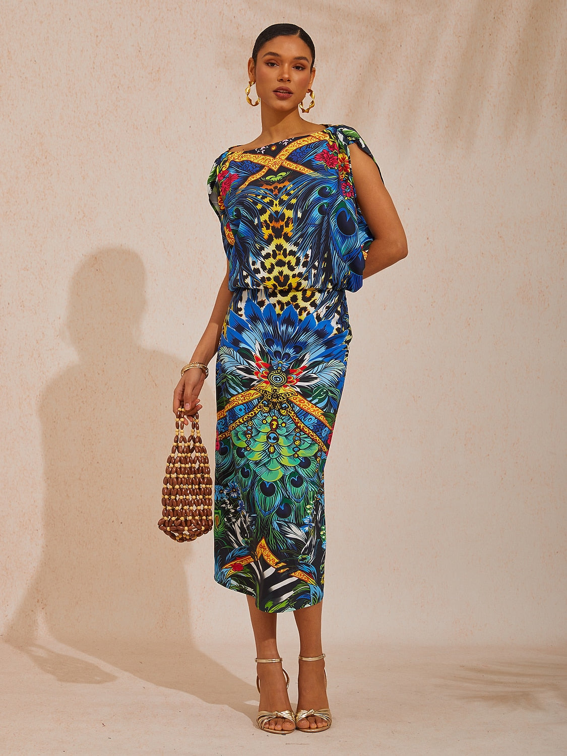 Vacation Jungle Print Fitted Waist Satin Maxi Dress
