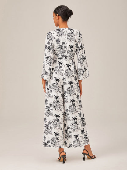 Palm Tree Print Vacation Style Satin Jumpsuit