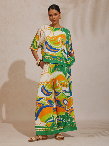 Summer Night Palm Silky Satin Dolman Sleeve Top