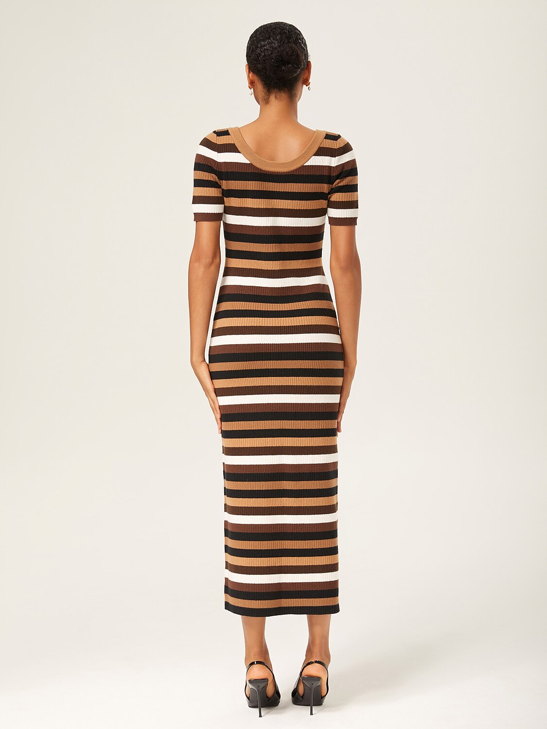 Coffee Striped Fitted Knit Maxi Dress