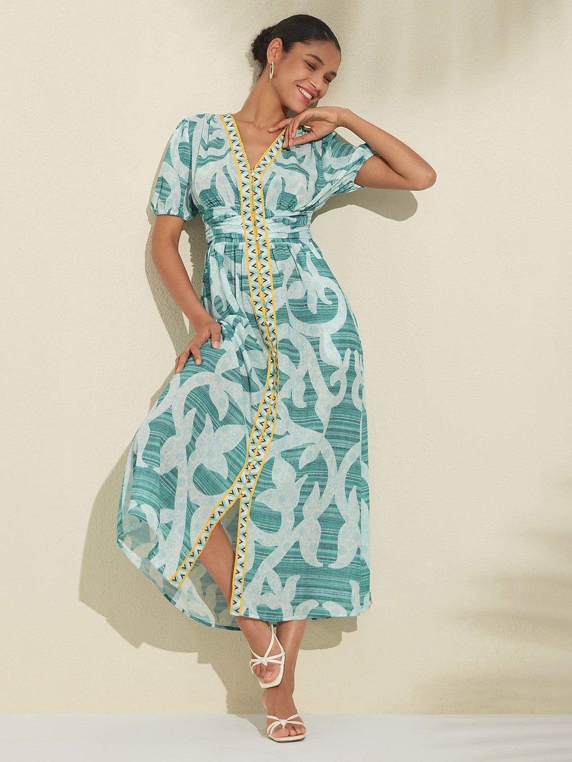 Puff Sleeve V Neck Maxi Dress