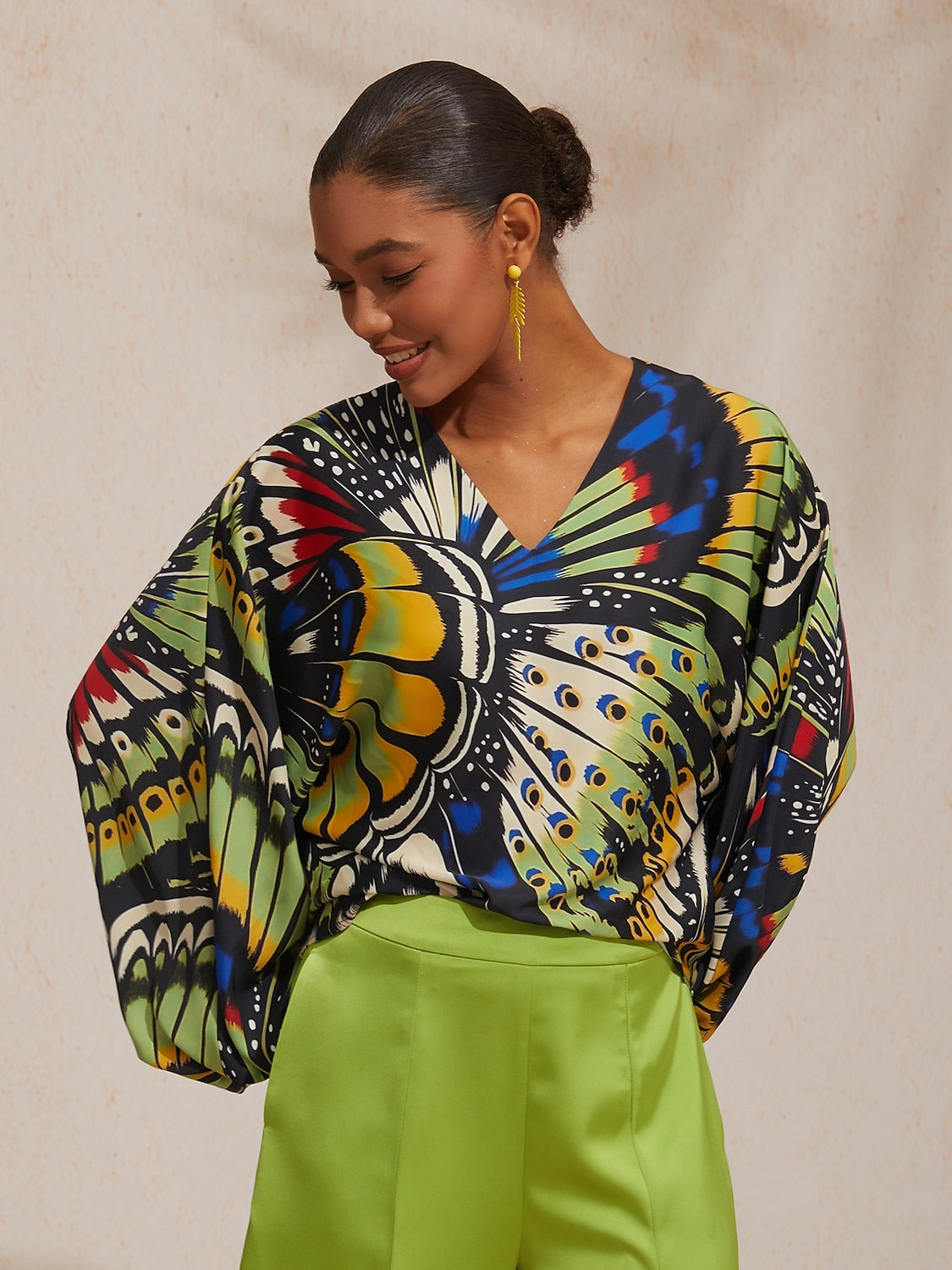 Vacation Butterfly Print Dolman Sleeve Satin Top