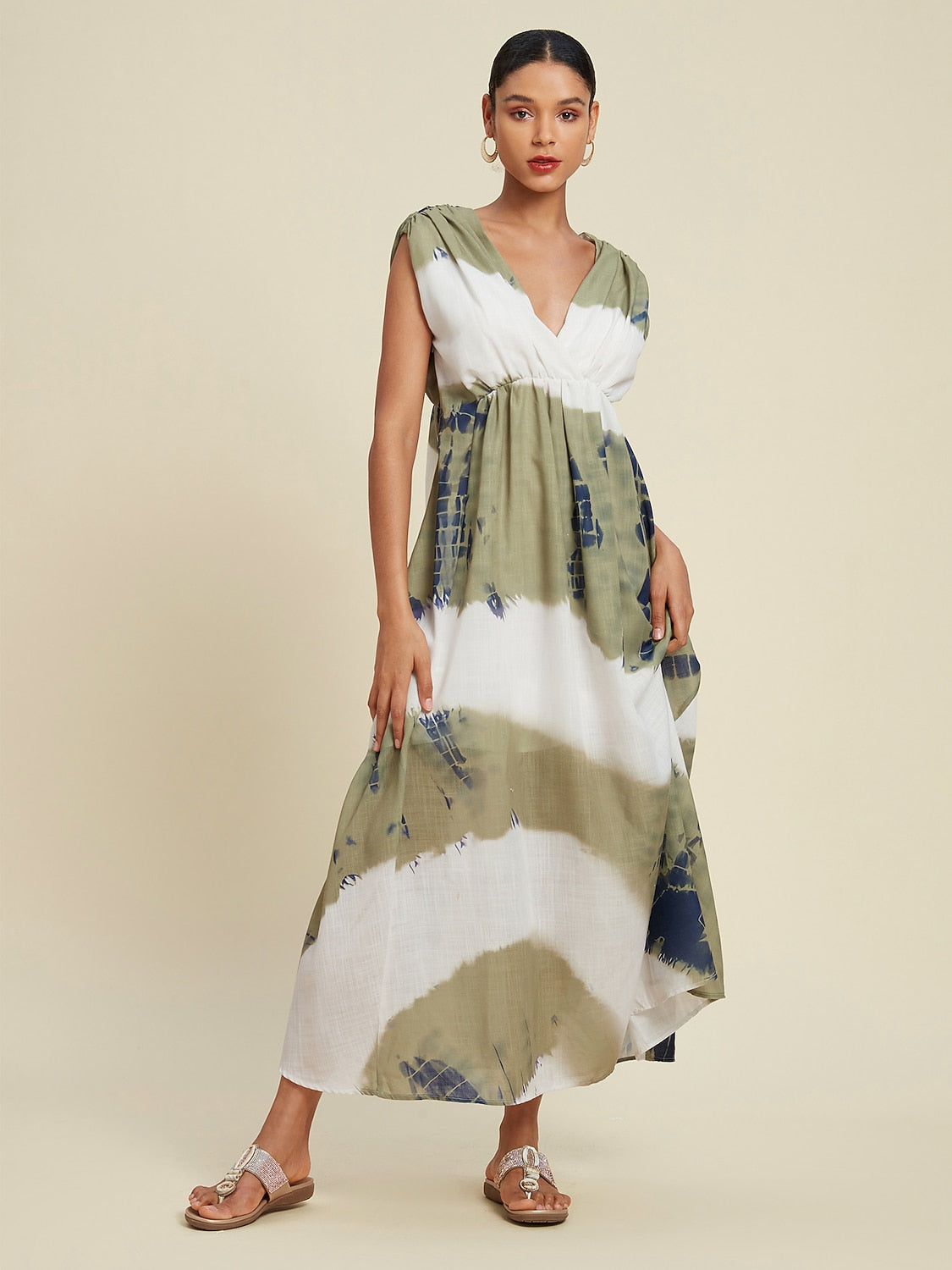 Linen-Like Tie-dye Print Vacation Style Sleeveless Maxi Dress