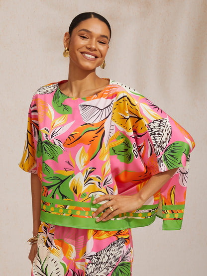 Summer Night Palm Silky Satin Dolman Sleeve Top