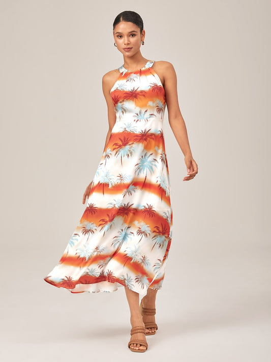 Palm Tree Sunset Print Halter Neck Maxi Dress