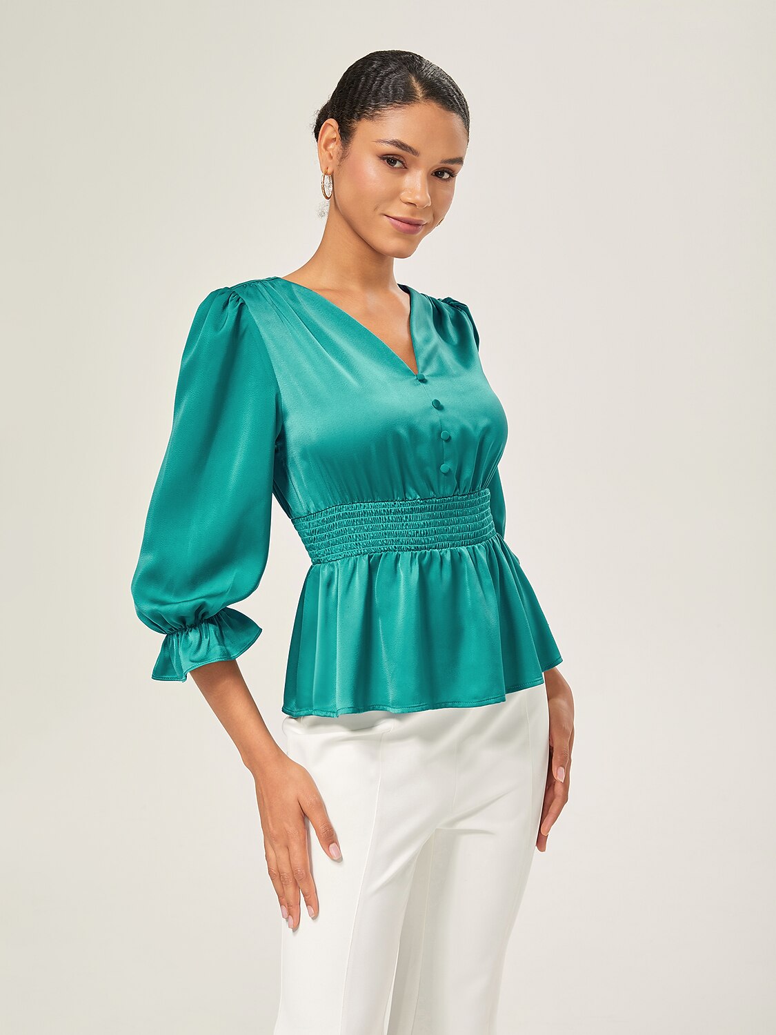 Elegant Lake Green Satin Cinched Blouse