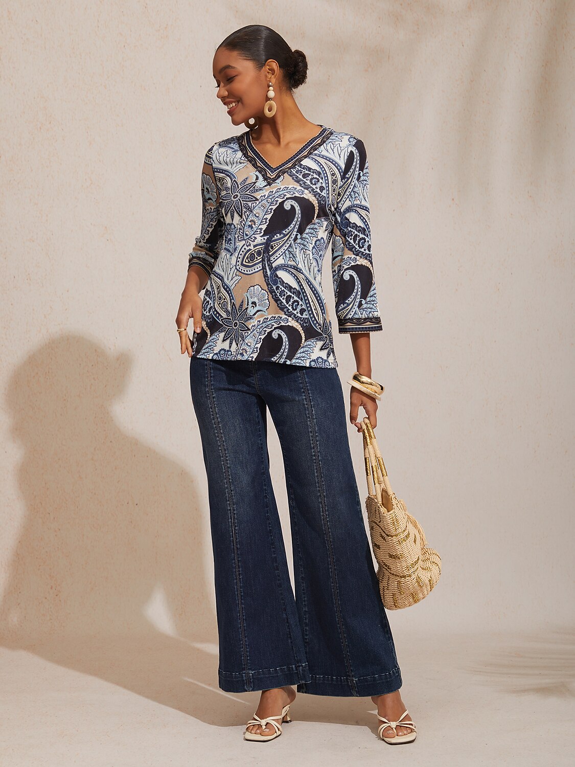 Vacation Paisley Pattern High Stretch Knit Top