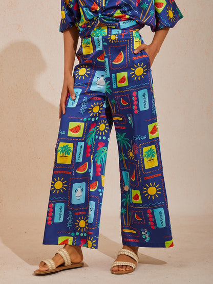 Vacation Tropical Motif Print Straight Satin Pants