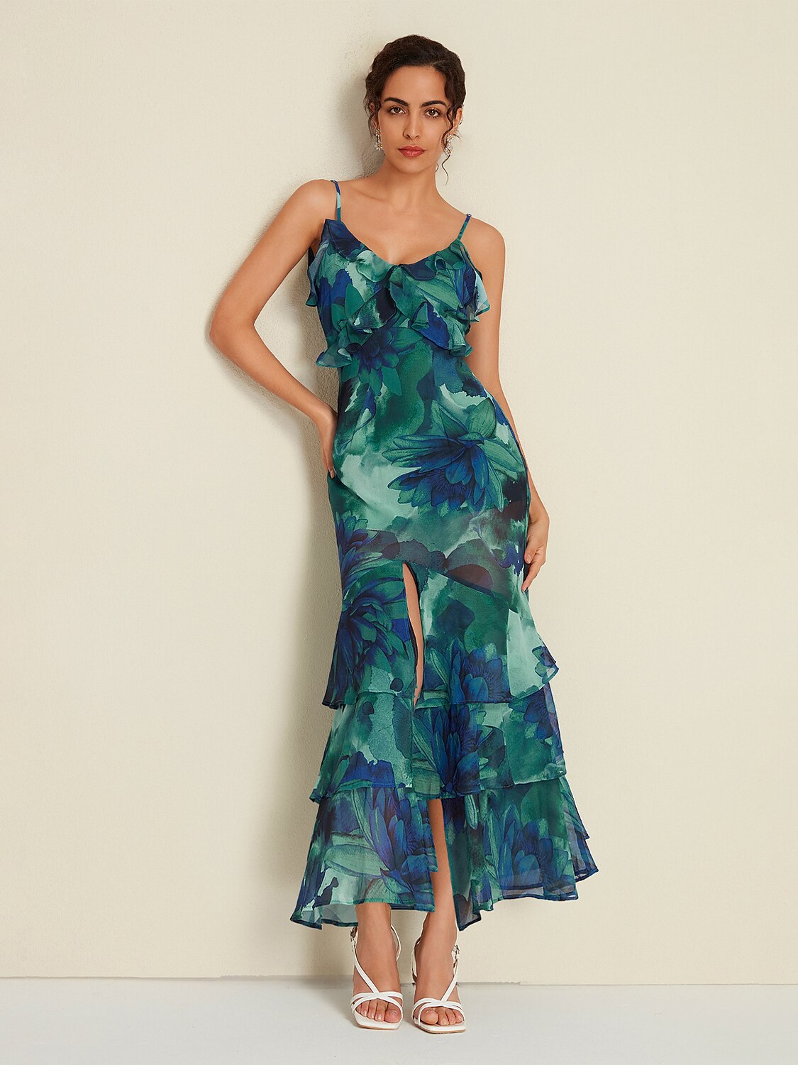 Chiffon Floral Print Ruffle Split Ends Sleeveless Maxi Dress