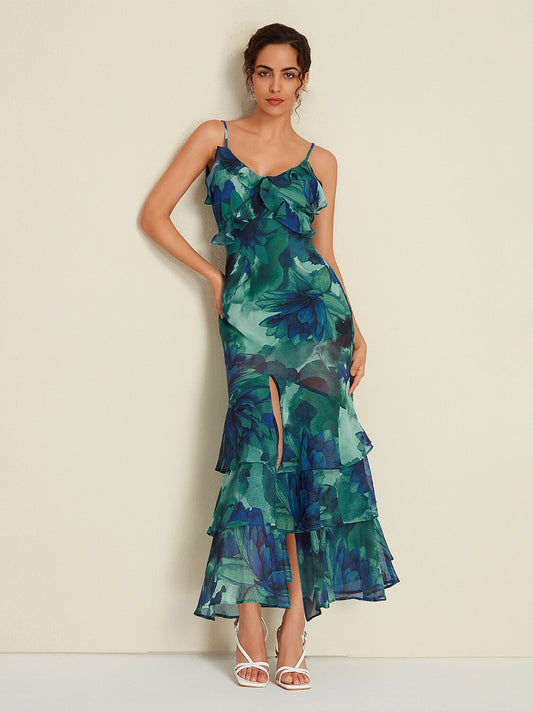 Chiffon Floral Print Ruffle Split Ends Sleeveless Maxi Dress