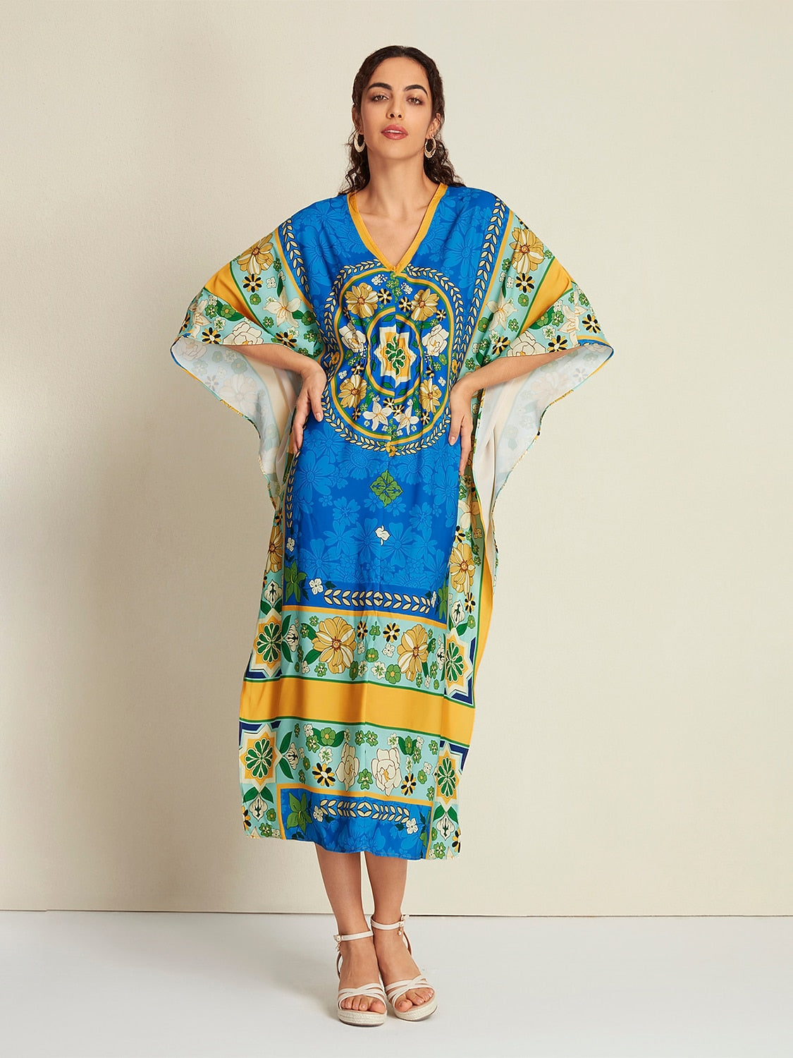 Satin Caftan Bandana Print Raglan Midi Dress