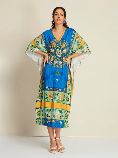 Satin Caftan Bandana Print Raglan Midi Dress