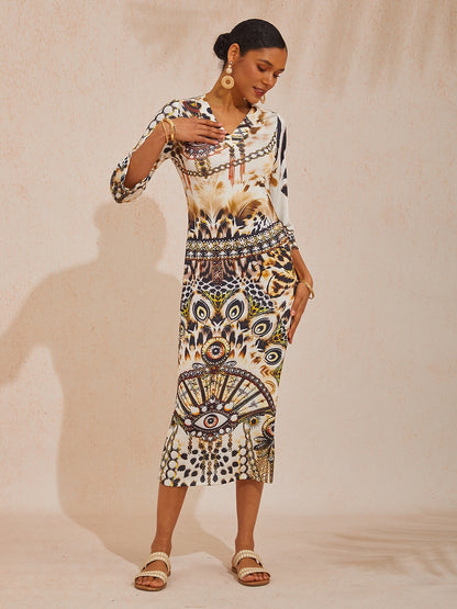 Abstract Leopard Print High Stretch Knit Maxi Dress