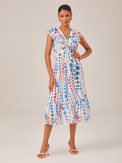 Colorful Polka Dot Chiffon Ruffled Waisted Dress