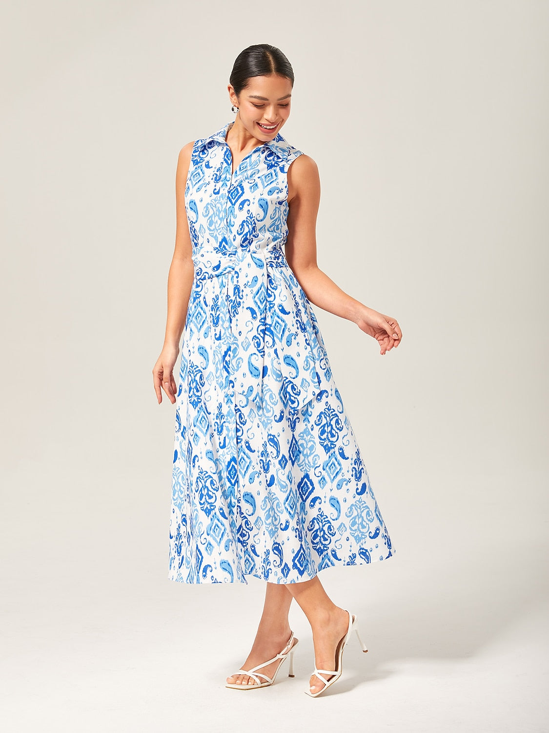 Monochrome Print Linen Look Midi Shirt Dress