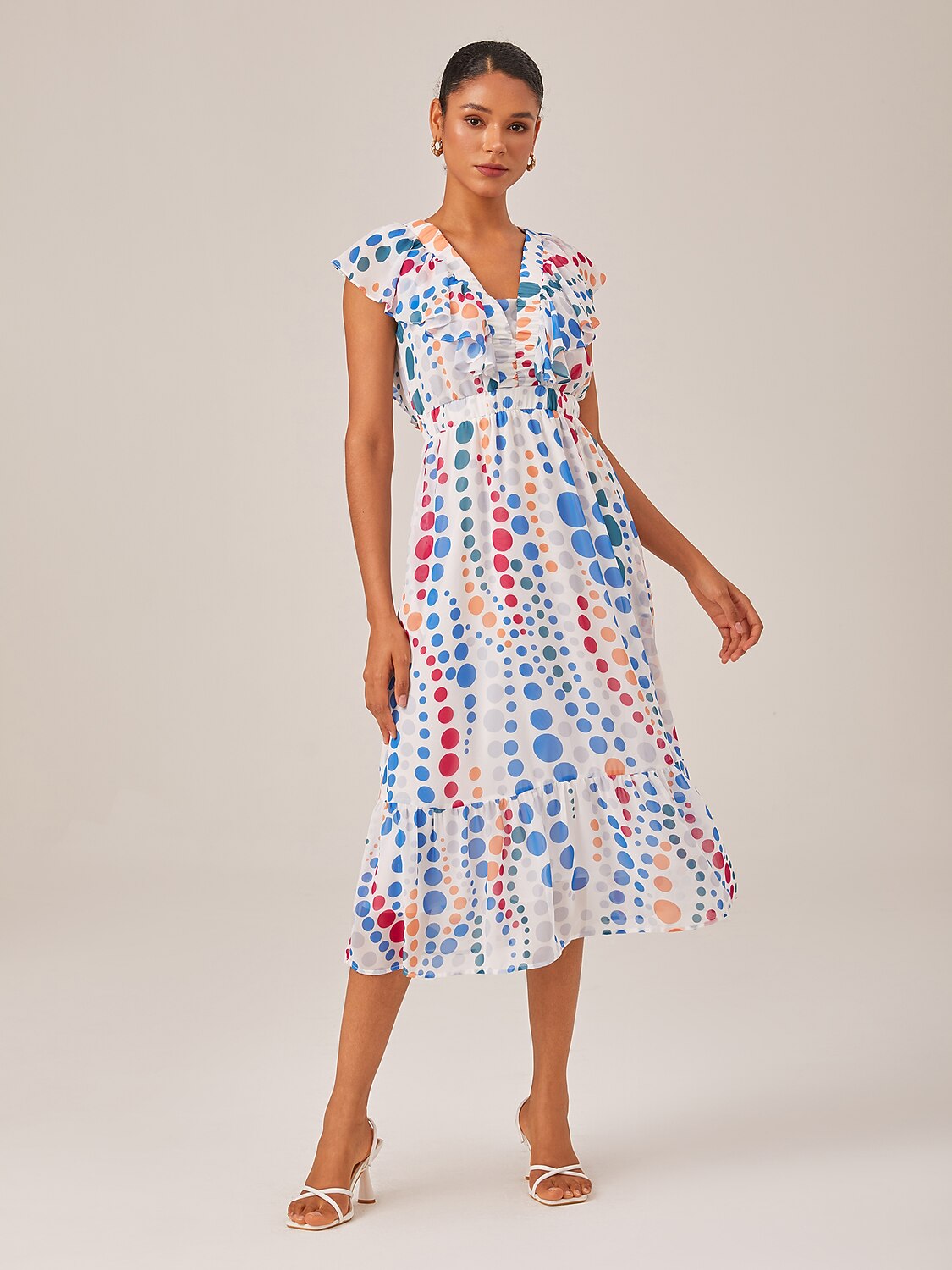 Colorful Polka Dot Chiffon Ruffled Waisted Dress