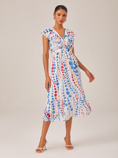 Colorful Polka Dot Chiffon Ruffled Waisted Dress