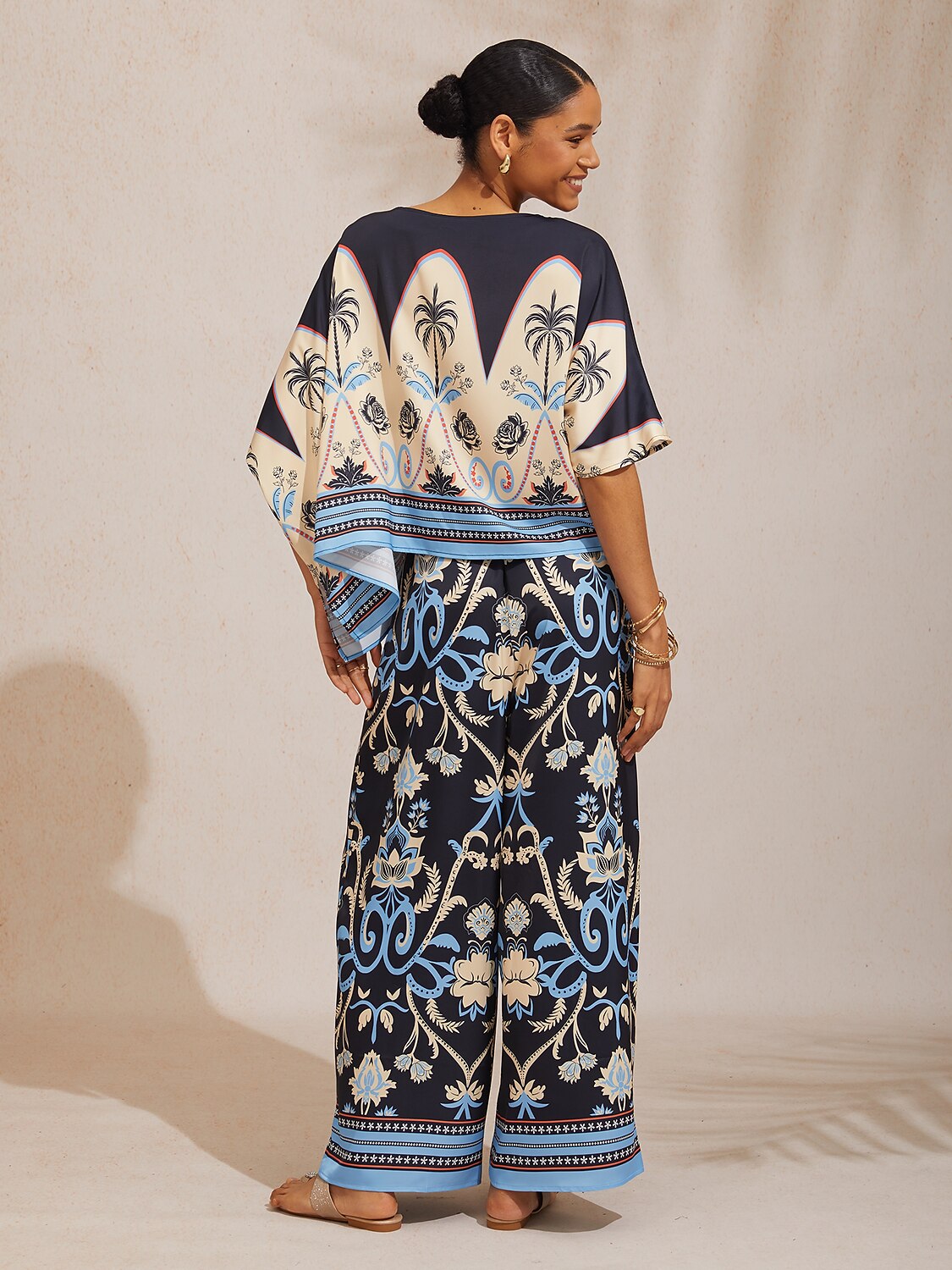 Summer Night Palm Silky Satin Dolman Sleeve Top