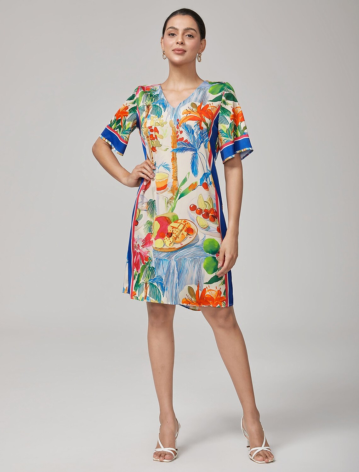 Fruit Floral Straight V-Neck Mini Dress
