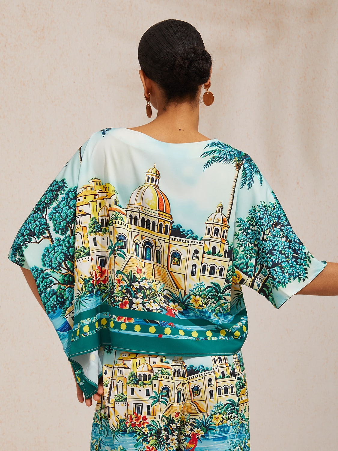 Summer Night Palm Silky Satin Dolman Sleeve Top