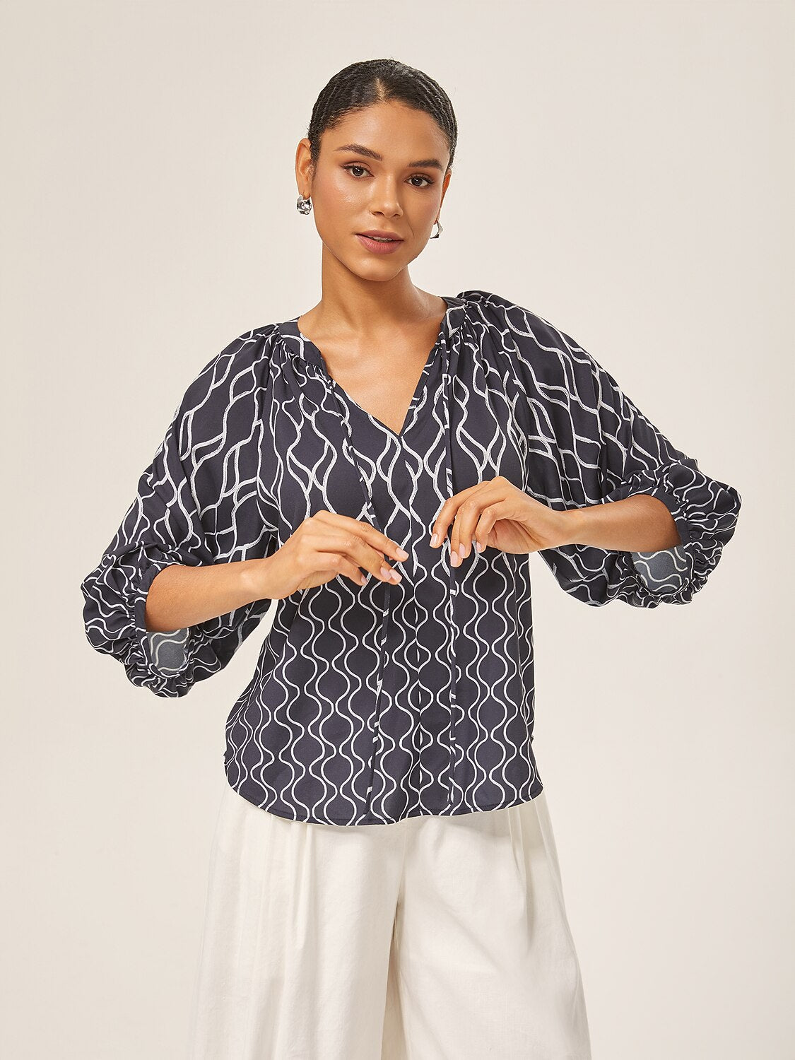 Monochrome Print Lantern Sleeve Top
