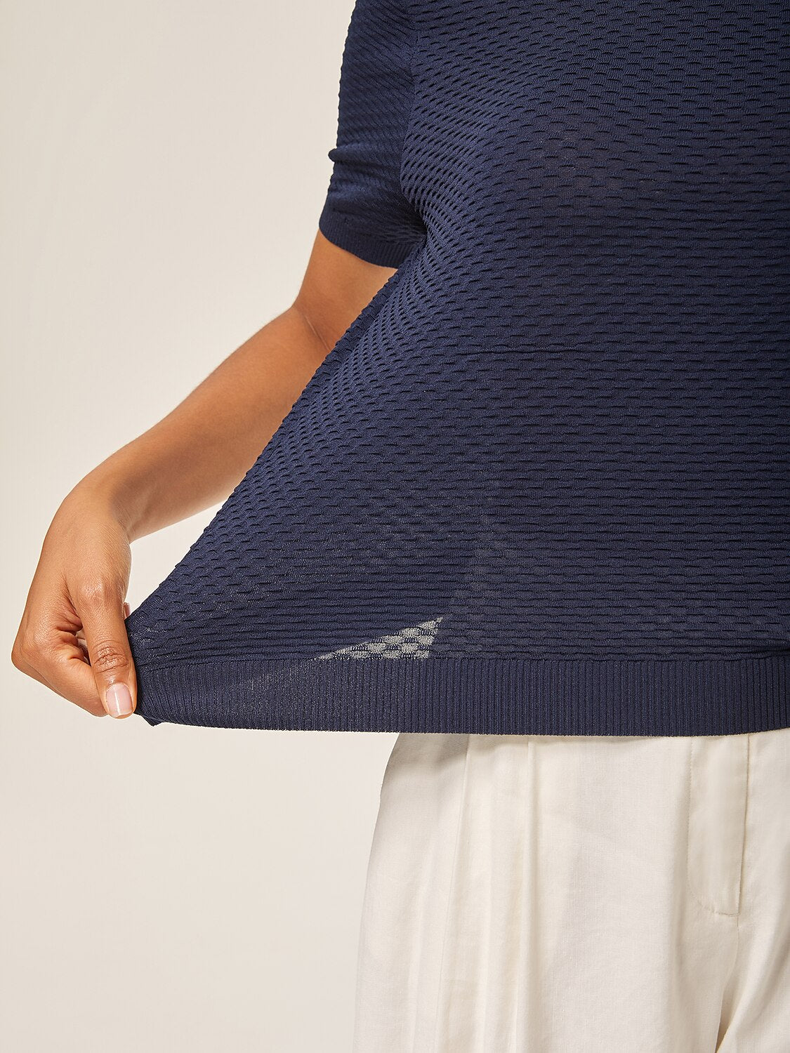 Luxe Textured 3D Jacquard Knit Navy Blue Top