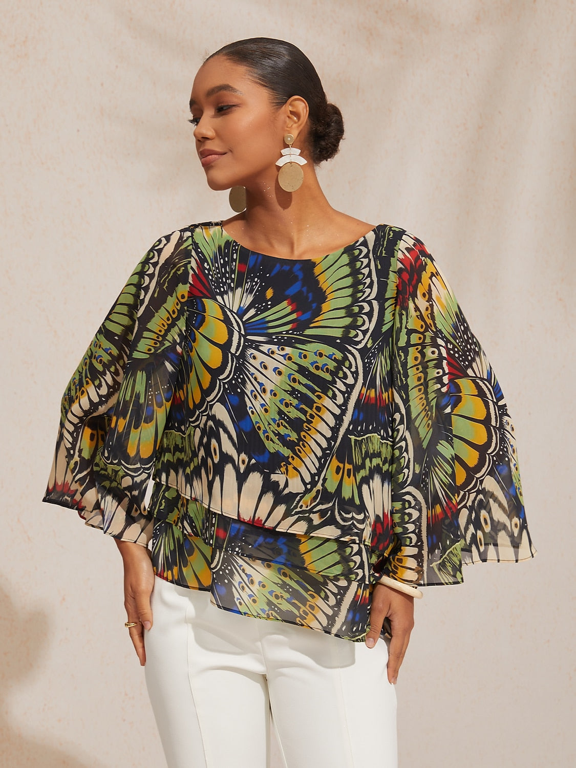 Vacation Butterfly Color Block Print Loose Chiffon Top