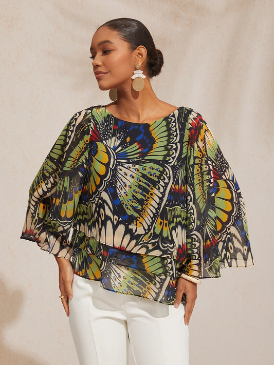 Vacation Butterfly Color Block Print Loose Chiffon Top