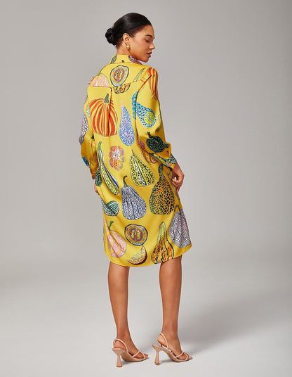 Shirt Dress Asymmetrical Hem Split Design Pumpkin Print