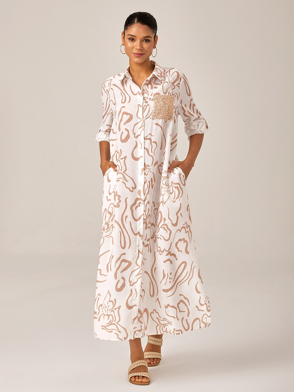 Sequin Apricot Curve Pocket Roll Up Maxi Shirt Dress