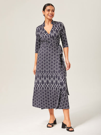 Geometric Print Stretch Satin Wrap Dress