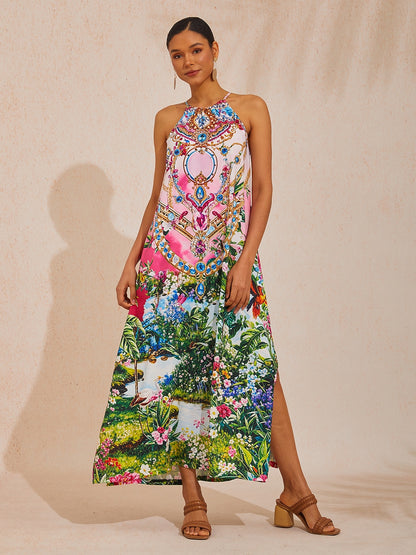 Vacation Jungle Print Sleeveless Loose Satin Maxi Dress