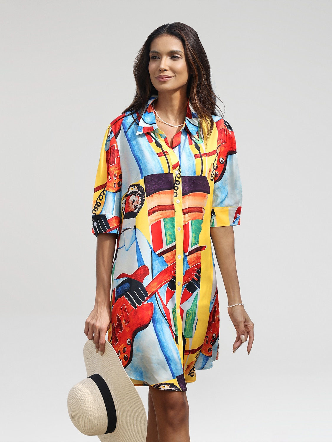 Mini Shirt Dress Satin Artistic Down Straight Fit