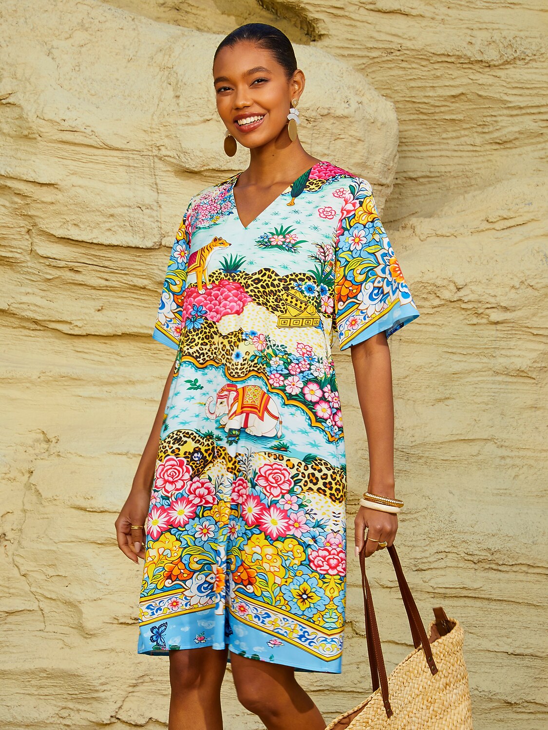 Vacation Print Satin Short Sleeves Mini Dress