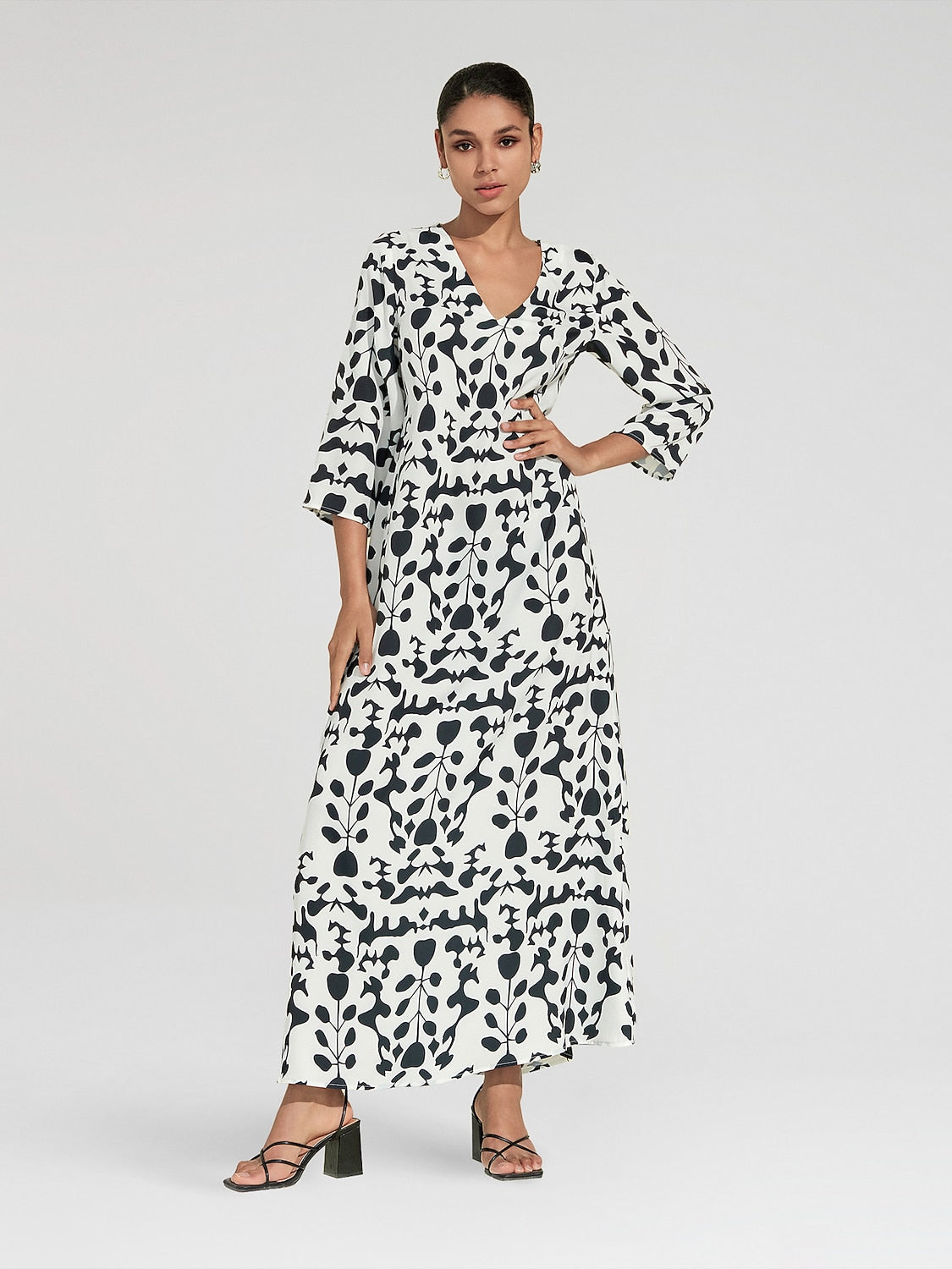 Satin Floral Geometric Pattern Vacation Maxi Dress