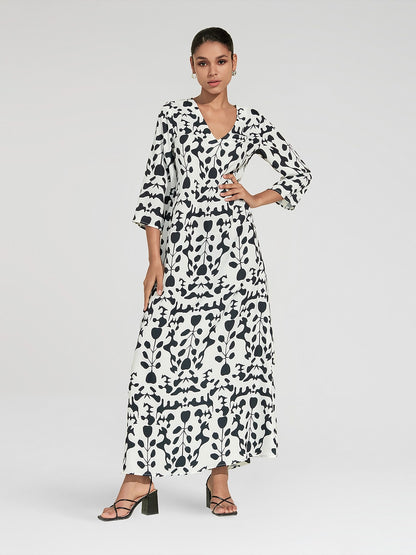 Satin Floral Geometric Pattern Vacation Maxi Dress