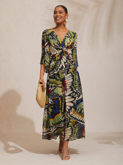 Vacation Butterfly Print Waist Defined Chiffon Maxi Dress