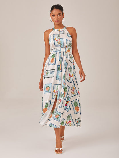 Seamless Pattern Print Halter Neck Maxi Dress