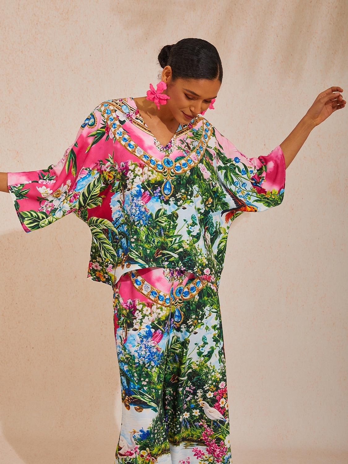 Vacation Jungle Print Dolman Sleeve Satin Top