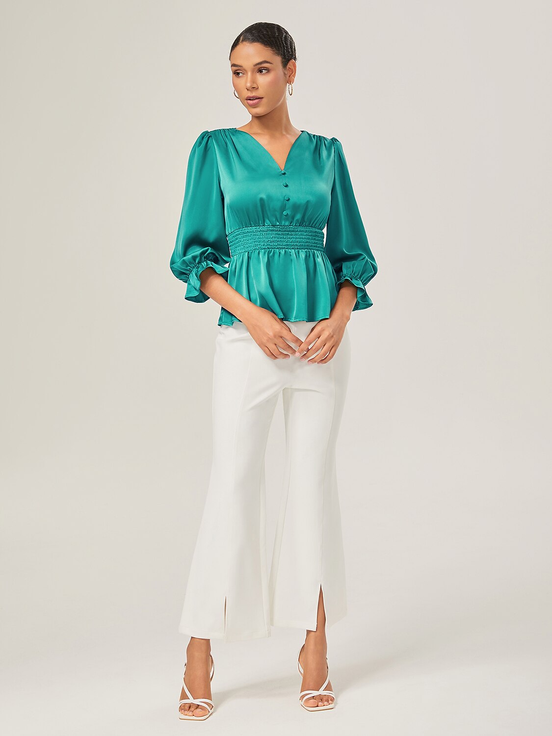 Elegant Lake Green Satin Cinched Blouse