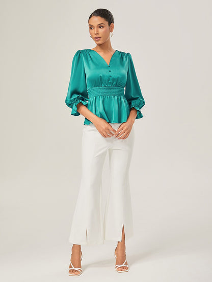Elegant Lake Green Satin Cinched Blouse