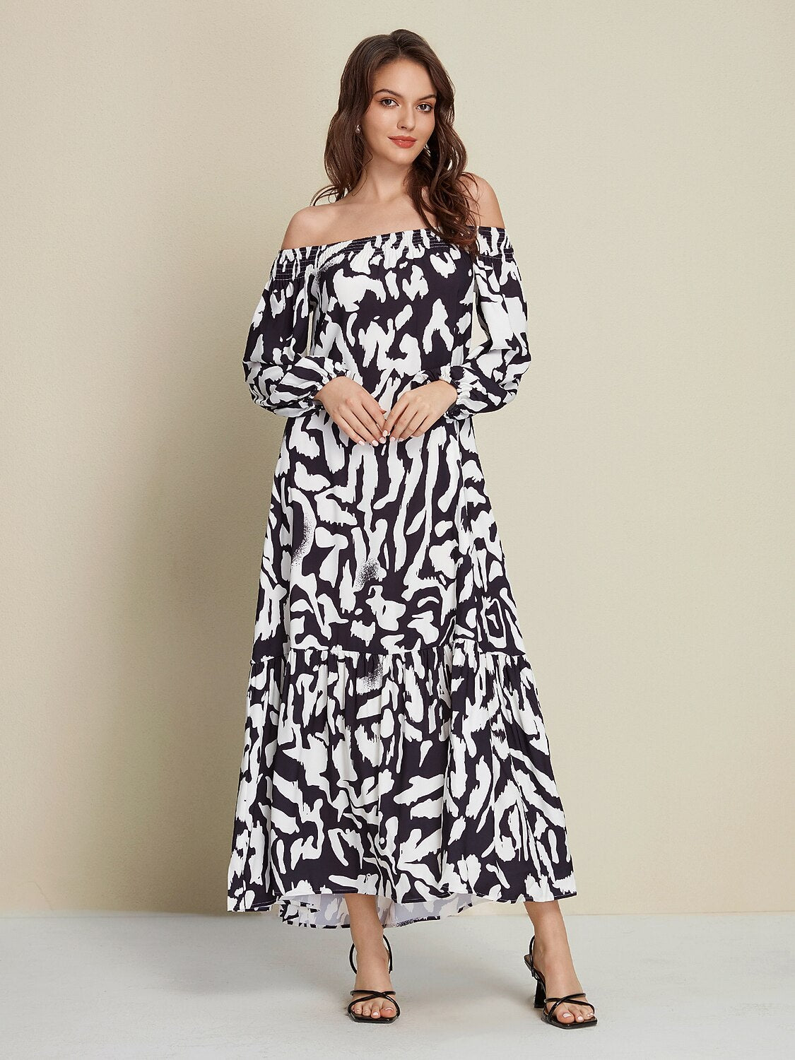 Satin Abstract Graffiti Print Off-Shoulder Maxi Dress