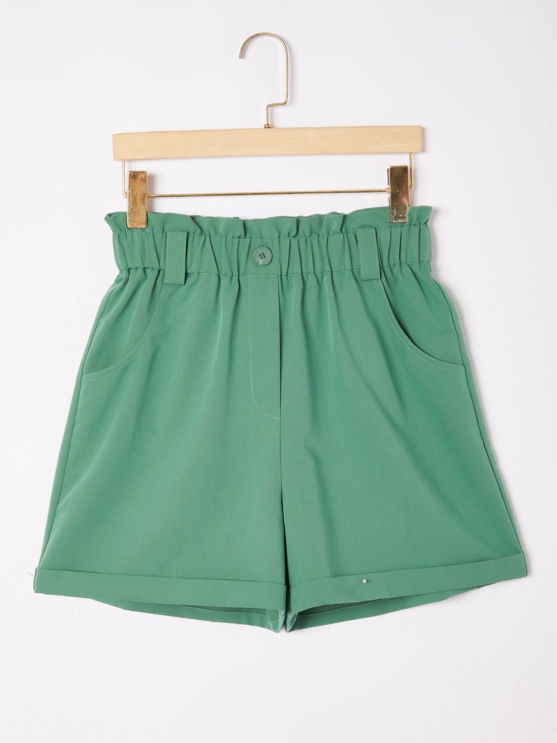 Solid Green Ruffled Ruched Shorts