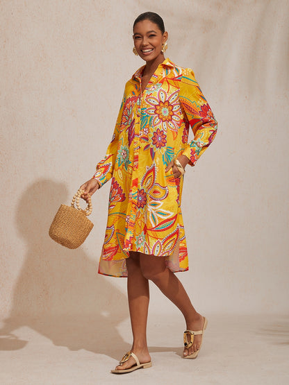Vacation Yellow Paisley Print Straight Fit Satin Shirt Dress